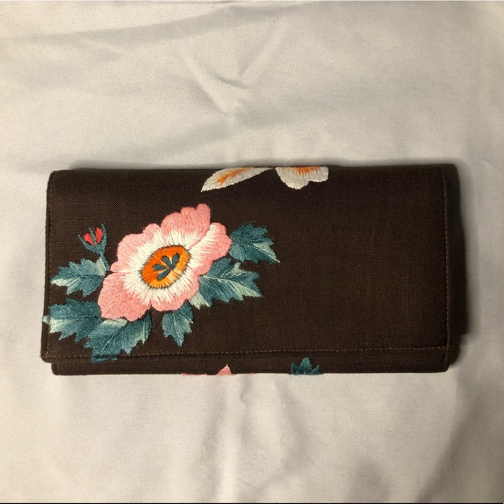 Hand Embroidered Linen Clutch - NWT - Chocolate Brown